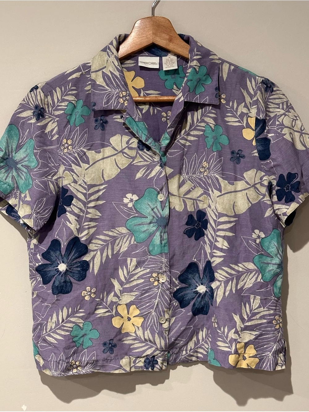 Cherokee Purple Floral Button-Up Shirt with Teal & Navy Accents